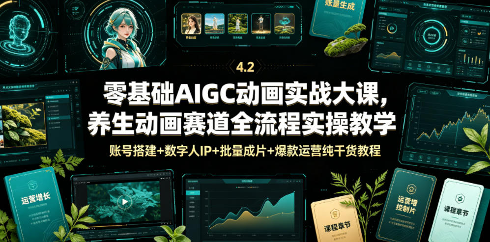 零基础AIGC动画实战大课，养生动画赛道全流程实操教学，账号搭建+数字人IP+批量成片+爆款运营纯干货教程-优创项目网