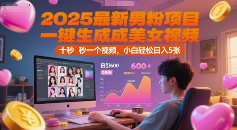 2025最新男粉项目，一键生成美女视频，日引600+色粉 十秒一个视频，小白轻松日入5张【揭秘】-优创项目网