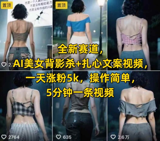 全新赛道，AI美女背影杀+扎心文案视频，一天涨粉5k，操作简单，5分钟一条视频-优创项目网