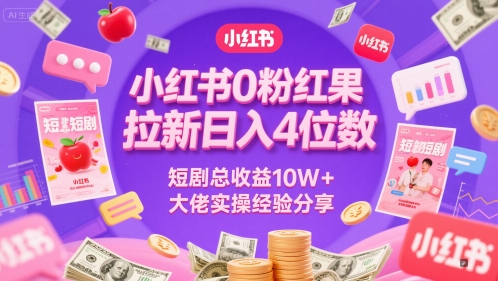 小红书0粉红果短剧拉新日入4位，数短剧总收益10W+大佬实操经验分享-优创项目网