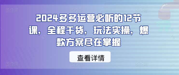 2024多多运营必听的12节课，全程干货，玩法实操，爆款方案尽在掌握-优创项目网