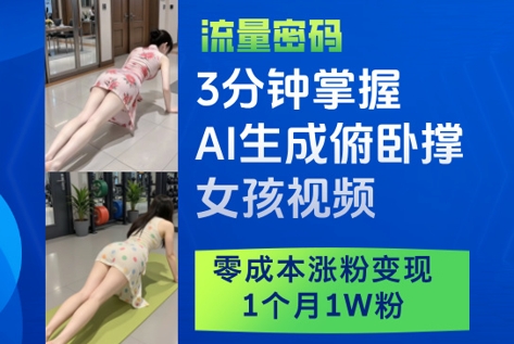 3分钟掌握AI生成俯卧撑女孩视频，零成本涨粉变现，1个月1W粉-优创项目网