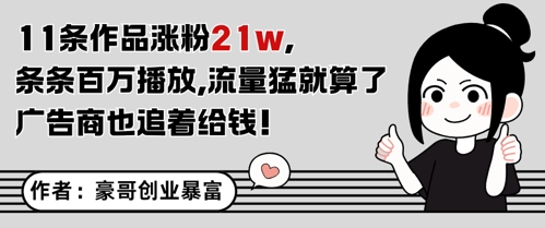11条作品涨粉21W，条条百W播放，流量猛就算了，广告商也追着给钱-优创项目网