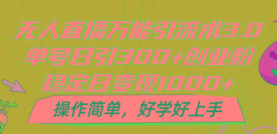 无人直播万能引流术3.0，单号日引300+创业粉，稳定日变现1000+，操作简单-优创项目网