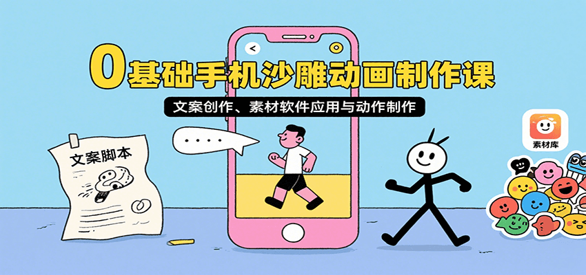 0基础手机沙雕动画制作课，文案创作、素材软件应用与动作制作-优创项目网