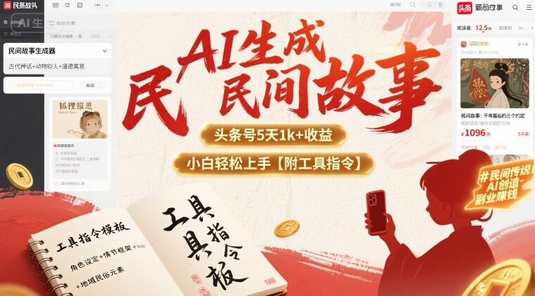 AI生成民间故事，头条号5天1k+，小白轻松上手【附工具指令】-优创项目网