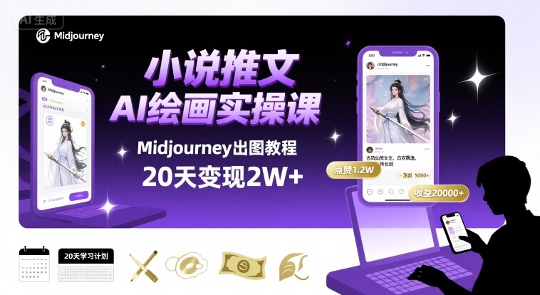 小说推文干货分享之AI绘画MJ出图实操课，用Midjourney做小说推文，20天挣2w-优创项目网