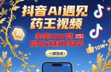 抖音AI遇见药王视频，条条10W赞，快速起千粉万粉号，傻瓜式制作教学-优创项目网