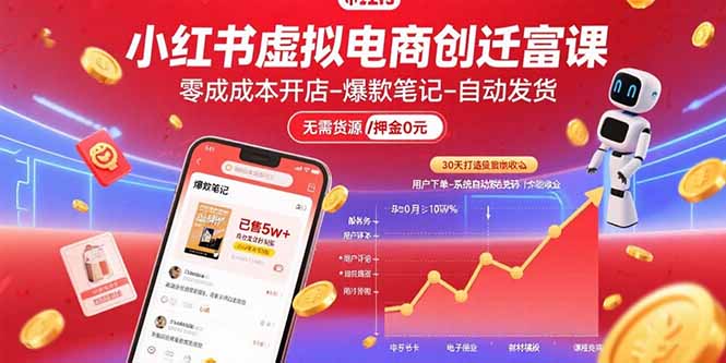 小红书虚拟电商创富课：零成本开店/爆款笔记/自动发货,30天打造被动收入-优创项目网