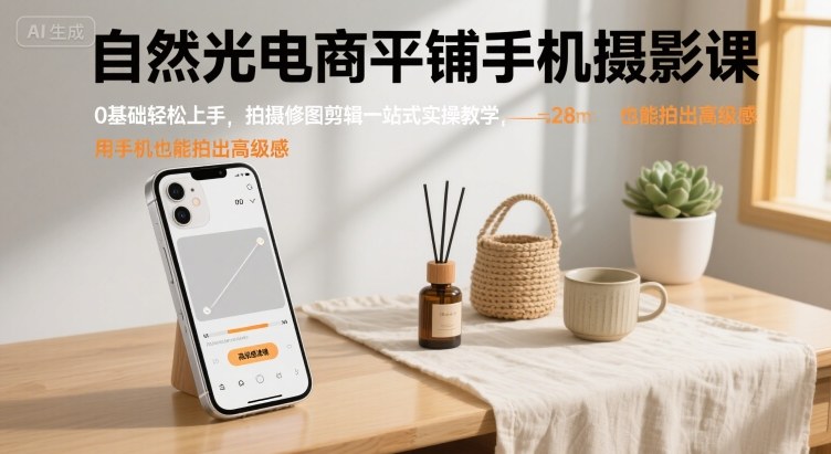 自然光电商平铺手机摄影课，0基础轻松上手，拍摄修图剪辑一站式实操教学，用手机也能拍出高级感-优创项目网