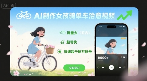 AI制作女孩骑单车治愈视频，流量大，起号快，快速起千粉万粉号-优创项目网