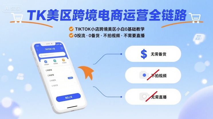 TK美区跨境电商运营全链路，TIKTOK小店跨境美区小白0基础教学，0投流0备货不拍视频不需要直播-优创项目网