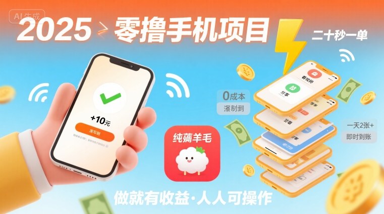 2025年零撸手机项目，二十秒一单，纯薅羊毛 一天2张+做就有-优创项目网