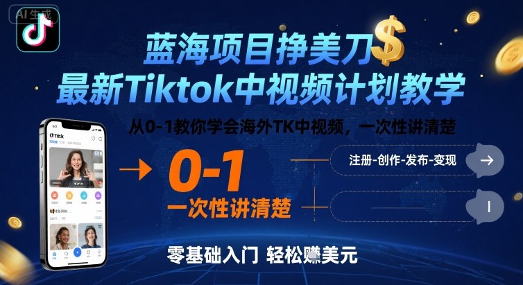 蓝海项目挣美刀，最新Tiktok中视频计划教学，从0-1教你学会海外TK中视频，一次性讲清楚-优创项目网