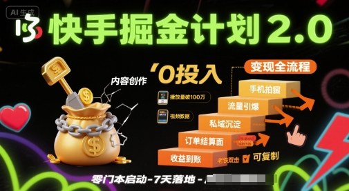 快手掘金计划2.0，快手电商变现全流程，简单可复制，0投入-优创项目网