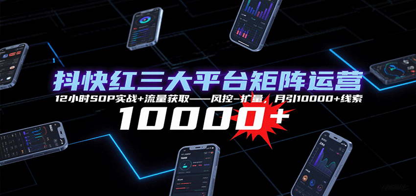 抖快红三大平台矩阵运营，12小时SOP实战+流量获取-风控-扩量，月引10000+线索-优创项目网