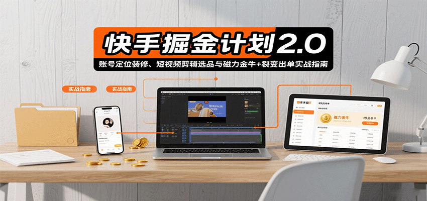 快手掘金计划2.0，账号定位装修、短视频剪辑选品与磁力金牛+裂变出单实战指南-优创项目网