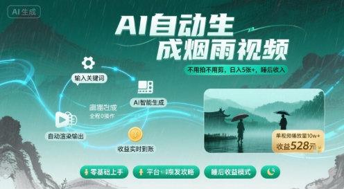 不用拍不用剪！AI自动生成烟雨视频，日入5张+，睡后收入-优创项目网