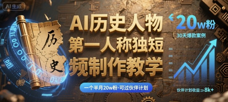 最新AI历史人物第一人称独白短视频制作教学，一个半月20w粉，可过伙伴计划-优创项目网