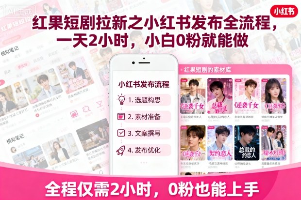 红果短剧拉新之小红书发布全流程，一天2小时，小白0粉就能做-优创项目网