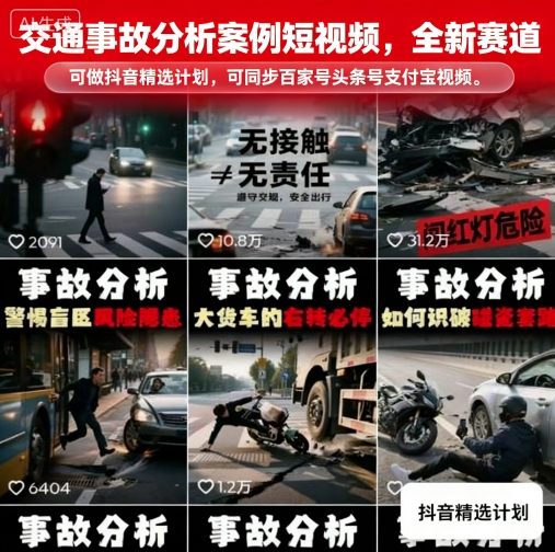交通事故分析案例短视频，全新赛道，可做抖音精选计划，可同步百家号头条号支付宝视频号平台-优创项目网