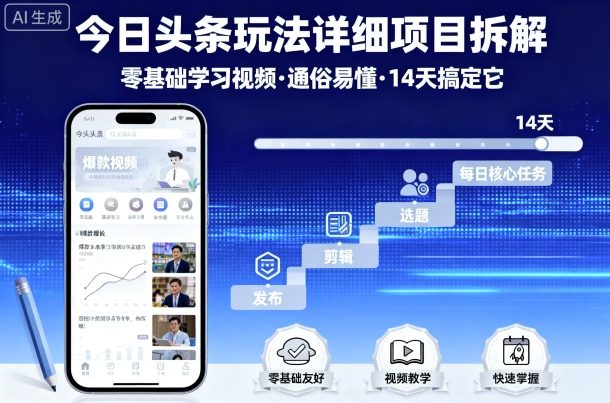 今日头条玩法详细项目拆解，零基础学习视频 通俗易懂 14天搞定它-优创项目网