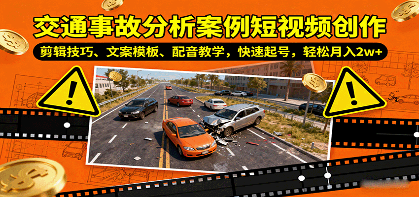 交通事故分析案例短视频创作，剪辑技巧、文案模板、配音教学，快速起号，轻松月入2w+-优创项目网