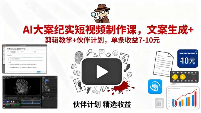 AI大案纪实短视频制作课，文案生成+剪辑教学+伙伴计划，单条收益7-10元-优创项目网
