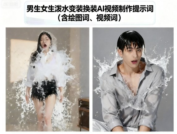 男生女生泼水变装换装AI视频制作提示词(含绘图词、视频词)-优创项目网