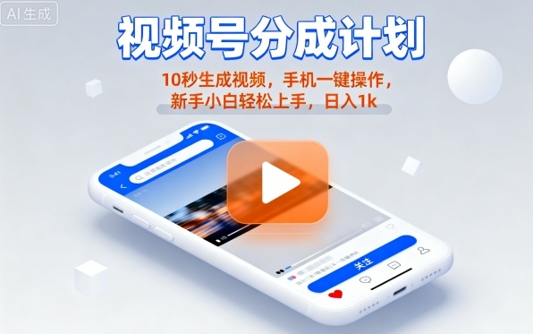 视频号分成计划懒人玩法，10秒生成视频，手机一键操作，新手小白轻松上手，日入1K【揭秘】-优创项目网