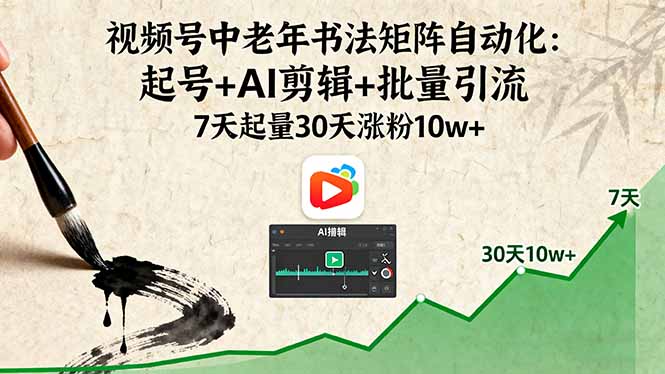 视频号中老年书法矩阵自动化：起号+AI剪辑+批量引流 7天起量30天涨粉10w+-优创项目网