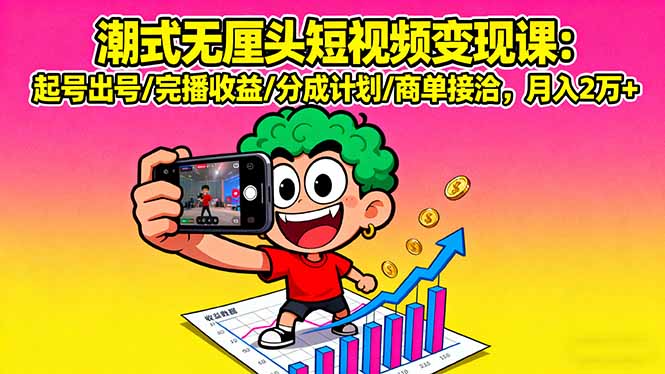 潮式无厘头短视频变现课：起号出号/完播收益/分成计划/商单接洽，月入2万+-优创项目网