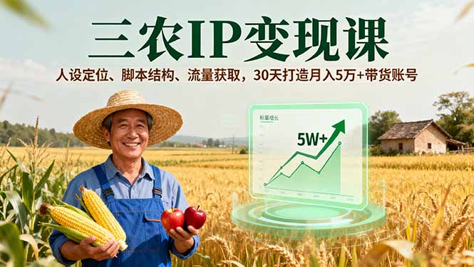 三农IP变现课，人设定位、脚本结构、流量获取，30天打造月入5万+带货账号-优创项目网