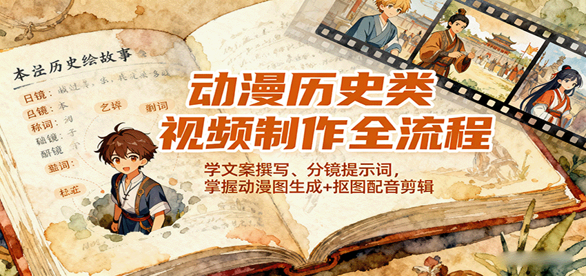 动漫历史类视频制作全流程，学文案撰写、分镜提示词，掌握动漫图生成+抠图配音剪辑-优创项目网