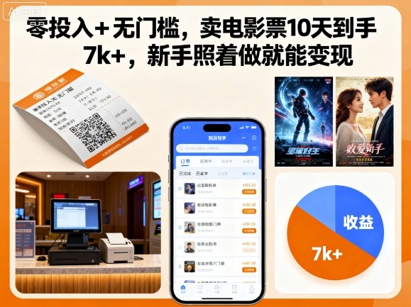 零投入+无门槛，卖电影票10天到手7k+，新手照着做就能变现【揭秘】-优创项目网