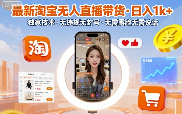 最新淘宝无人直播带货，日入1k+，独家技术，无违规无封号，无需露脸无需说话【揭秘】-优创项目网