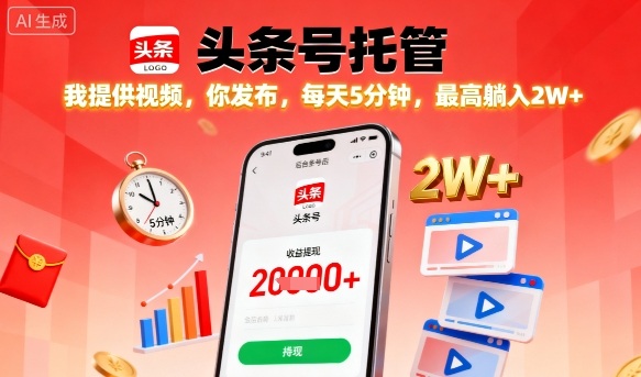 【头条号托管】我提供视频，你发布，每天5分钟，最高躺入2W+【揭秘】-优创项目网