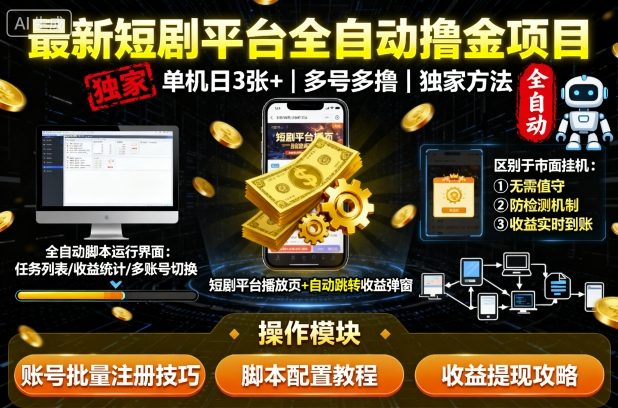 最新短剧平台全自动挂G撸金项目，单机一天3张+，多号多撸，区别于市面所有挂机项目，独家方法【揭秘】-优创项目网