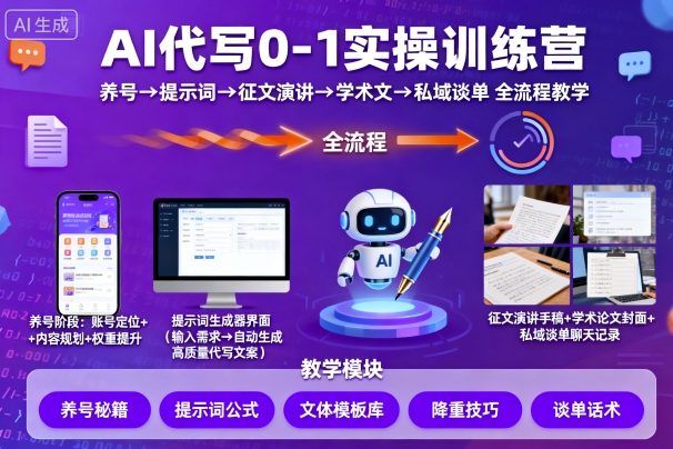 AI代写0-1实操训练营，从养号、提示词、征文演讲、学术文，到私域谈单的全流程教学-优创项目网