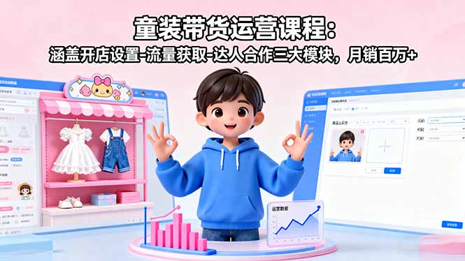 童装带货运营课程：涵盖开店设置-流量获取-达人合作三大模块，月销百万+-优创项目网
