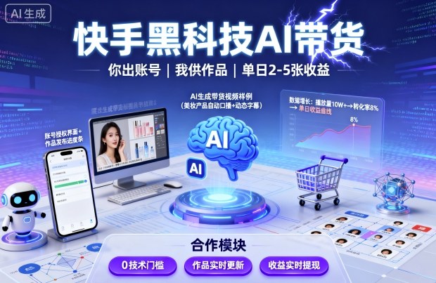 快手黑科技AI带货，你提供账号，我提供作品并发布，单日2-5张【揭秘】-优创项目网