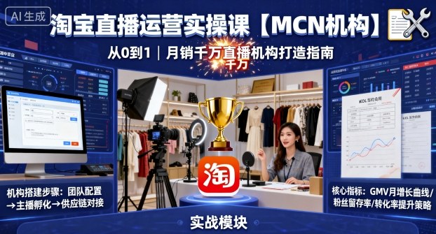 淘宝直播运营实操课【MCN机构】，从0到1做一家月销千W的直播机构-优创项目网