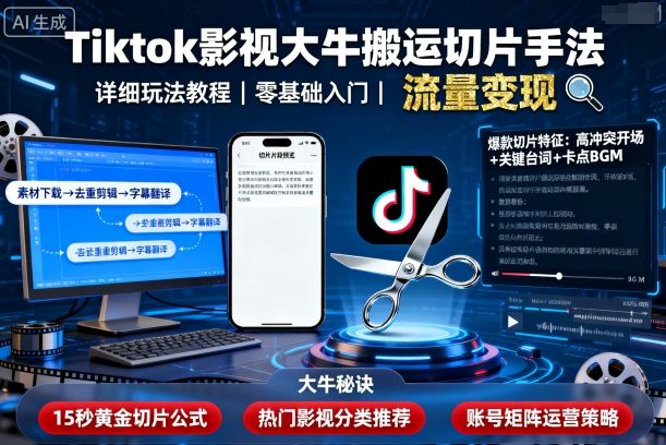 Tiktok影视大牛搬运切片手法，详细玩法教程-优创项目网