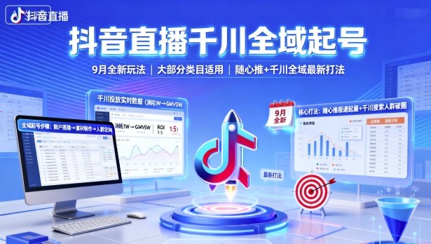 抖音直播千川全域起号，9月全新玩法，大部分类目适用，随心推以及千川全域最新打法-优创项目网