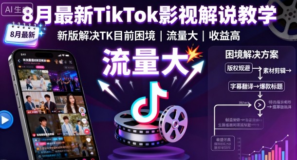 8月最新TikTok影视解说教学，新版解决TK目前困境，流量大，收益高-优创项目网