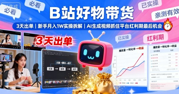 B站好物带货，3天出单，新手月入1W实操拆解，AI生成视频，抓住平台红利期最后机会-优创项目网