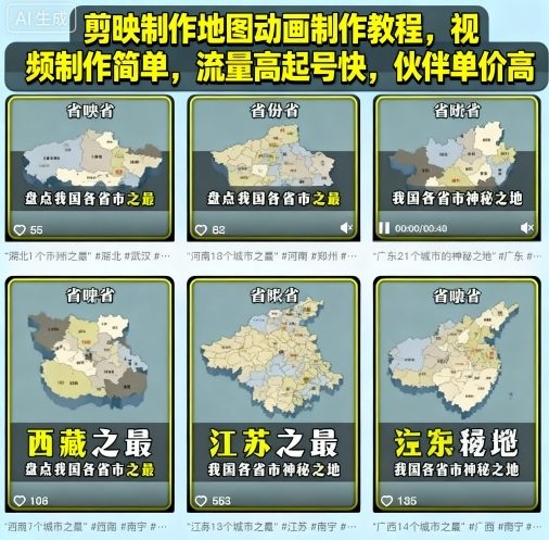 剪映制作地图动画制作教程，视频制作简单，流量高起号快，伙伴单价高-优创项目网