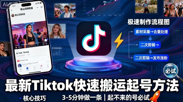 最新Tiktok快速搬运快速起号方法，3-5分钟做一条，起不来的号可以试试-优创项目网