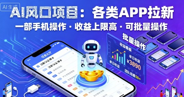 AI风口项目，各类APP拉新，一部手机就可以操作，收益上限高，可批量操作-优创项目网