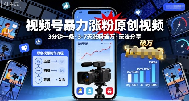 视频号暴力涨粉原创视频，3分钟一条原创视频，3-7天涨粉破万，玩法分享给你-优创项目网